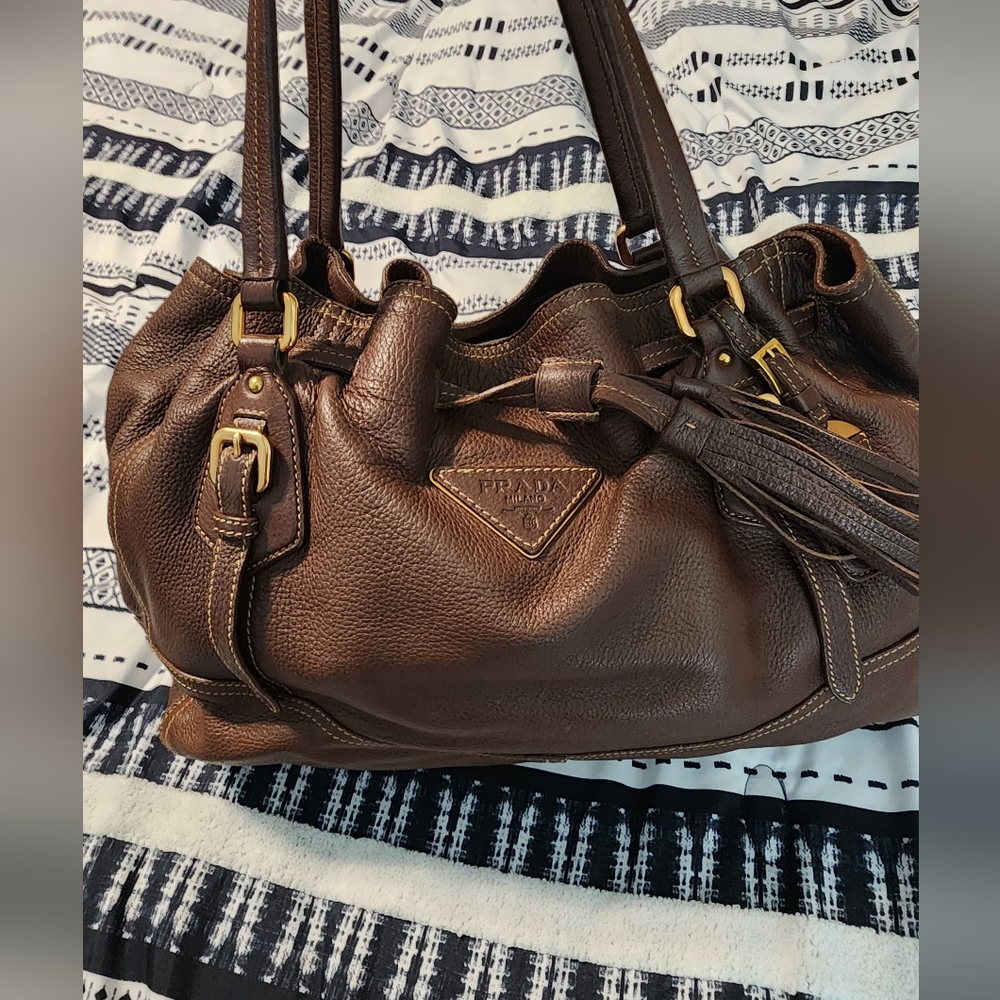 Authentic Prada Cervo Brown Leather Tassel Handbag Purse